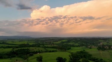 Kırsal hayat manzarasında gün batımı. Kırsal alan. Orman ağaçları. Manzaralı orman ağaçlarında güneş ışığı. Gün batımı gökyüzü. Gün batımı manzarası. Renkli günbatımı silüeti.