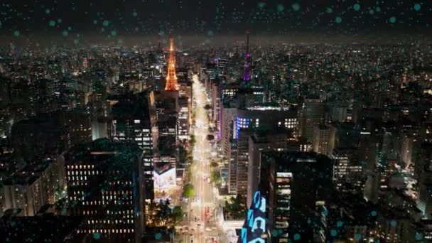 サンパウロブラジル 5Gモバイル技術の空中都市 未来的なサイバー効果を持つスマートシティ イノベーション 5Gモバイル技術 サンパウロブラジル サイバーデジタル通信 — ストック動画