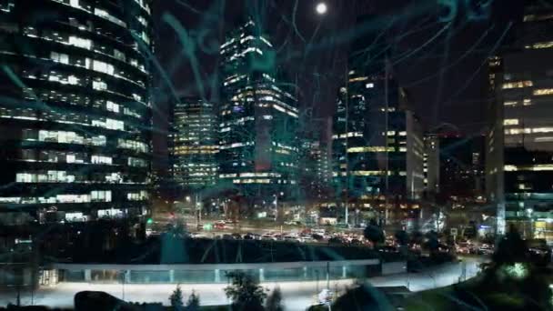 サンティアゴ 5Gモバイル技術の空中都市 未来的なサイバー効果を持つスマートシティ イノベーション 5Gモバイル技術 サンティアゴ サイバーデジタル通信 — ストック動画
