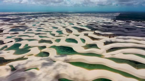 巴西马兰霍州的Lencois Maranhenses 异国情调的沙丘是夏天的风景 天堂兰科伊斯 马兰尼斯 热带旅行 著名的地标Lencois Maranhenses的沙丘和雨水湖 — 图库视频影像