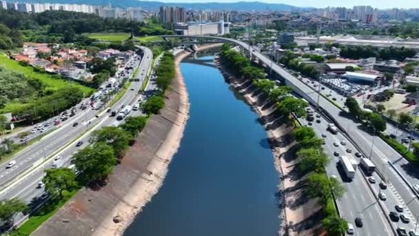 Cityscape Dopravní Zácpy Dálničním Orientačním Bodu Sao Paulo Brazílie Dopravní — Stock video