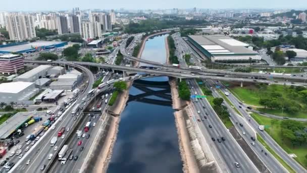 Paisaje Urbano Atasco Tráfico Carretera Hito Carretera Sao Paulo Brasil — Vídeos de Stock
