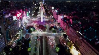 Buenos Aires Arjantin. Akıllı şehrin hava siber şehir manzarası. Gelecekçi siber etki. Yenilik. Buenos Aires Arjantin. Siber teknoloji. Bulut hesaplama. Dijital dönüşüm.