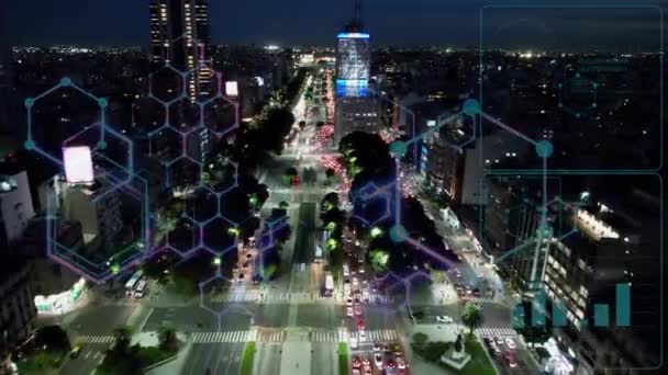 ブエノスアイレスアルゼンチン スマートシティの航空サイバーシティの街並み 未来的なサイバー効果 イノベーション ナノテクだ ブエノスアイレスアルゼンチン サイバー技術 クラウドコンピューティング デジタル変換 — ストック動画