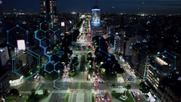 ブエノスアイレスアルゼンチン スマートシティの航空サイバーシティの街並み 未来的なサイバー効果 イノベーション ブエノスアイレスアルゼンチン サイバー技術 クラウドコンピューティング デジタル変換 — ストック動画