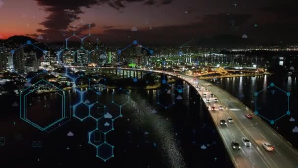 Vitoria Brezilya Fütürist Siber Efektli Akıllı Şehrin Hava Siber Şehri — Stok video