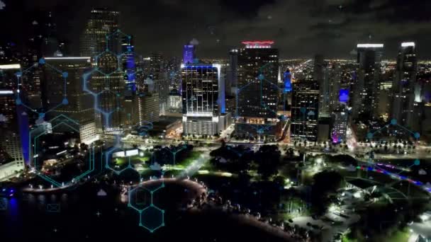 マイアミ アメリカ 未来的なサイバー効果を持つスマートシティの航空サイバー都市の街並み イノベーション ナノテクノロジーだ マイアミ アメリカ サイバー技術 クラウドコンピューティング デジタル変換 — ストック動画