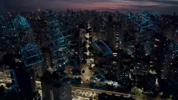 圣保罗巴西 具有未来网络效应的智能城市空中网络城市景观 纳米科技 圣保罗巴西 网络技术 云计算 数字变革 — 图库视频影像