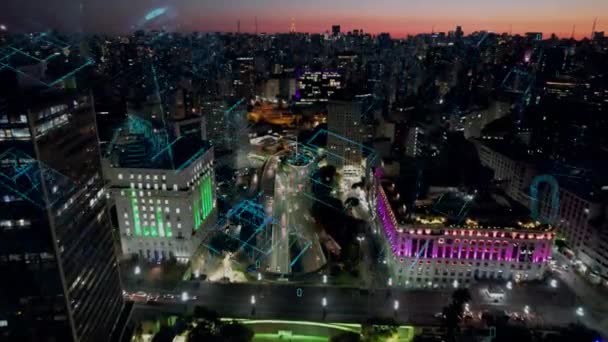 サンパウロブラジル 未来的なサイバー効果を持つスマートシティの航空サイバー都市の街並み イノベーション ナノテクノロジーだ サンパウロブラジル サイバー技術 クラウドコンピューティング デジタル変換 — ストック動画