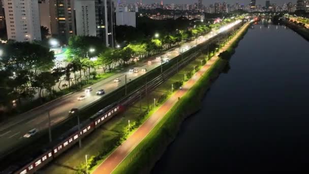 Centro Sao Paulo Brasil Paisaje Nocturno Marginal Pinheiros Highway Road — Vídeo de stock