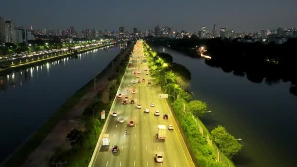 Centrul Orașului Sao Paulo Brazilia Scapă Noapte Marginal Pinheiros Highway — Videoclip de stoc