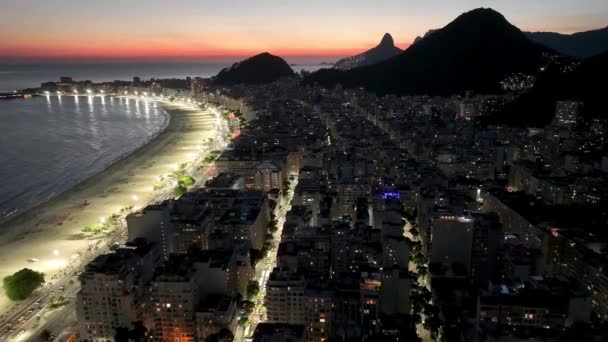 Sunset Skyline Copacabana Beach Rio Janeiro Brazil Sea Birds Flying — 비디오