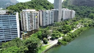 Coastal Buildings At Rodrigo De Freitas Lagoon In Rio De Janeiro Brazil. Travel Destination. Tourism Scenery. Coastal Buildings Architecture At Rodrigo De Freitas Lagoon In Rio De Janeiro Brazil.