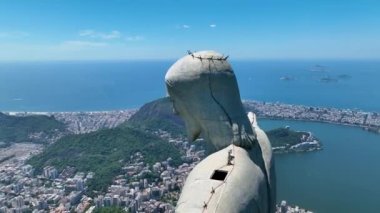 Christ The Redeemer At Corcovado Mountains In Rio De Janeiro Brazil. Mountains Corcovado Skyline. Tourism Scene. Christ The Redeemer At Rio De Janeiro Brazil. Christ Redeemer Mountains Skyline.