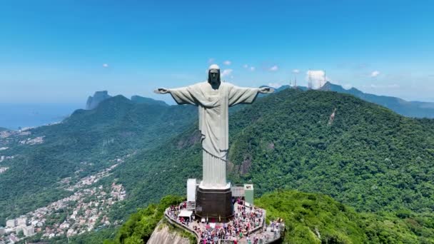 Христос Воскресший Горе Корковаду Рио Жанейро Бразилия Горы Corcovado Skyline — стоковое видео