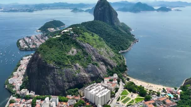 Sugarloaf Mountain Downtown Rio Janeiro Rio Janeiro Brazil Helicopter Top — Αρχείο Βίντεο