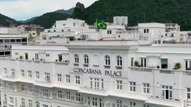 Copacabana Palace At Copacabana Beach In Rio De Janeiro Brazil. Travel Destination. Tourism Scene. Copacabana Beach At Rio De Janeiro Brazil. Summer Travel. Tropical Scene.