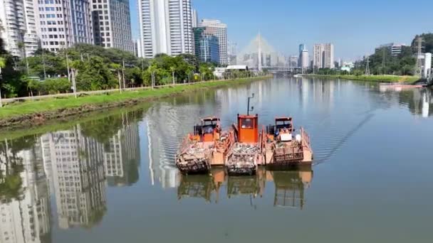 Afval Verzamelen Bij Pinheiros River Sao Paulo Brazilië Verontreiniging Van — Stockvideo