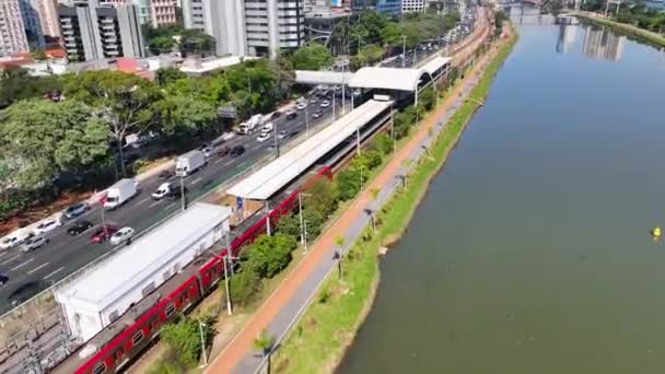 Sao Paulo Brezilya Nın Merkezindeki Toplu Taşıma Şehir Manzaralı Tren — Stok video