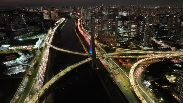 Cable Stayed Bridge City Night Sao Paulo Brasil Ponte Downtown — Vídeo de Stock