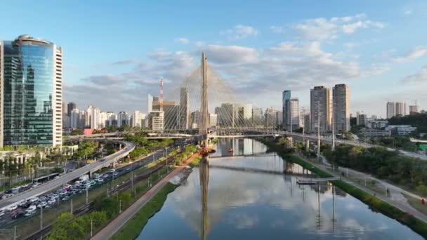Cable Stayed Bridge Cityscape Sao Paulo Brasil Ponte Downtown Estrada — Vídeo de Stock