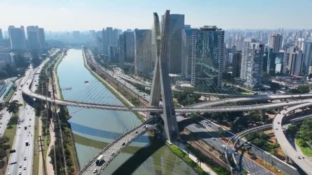 Kabel Bro Centrum Sao Paulo Brasilien Cityscape Bridge Trafikvägen São — Stockvideo