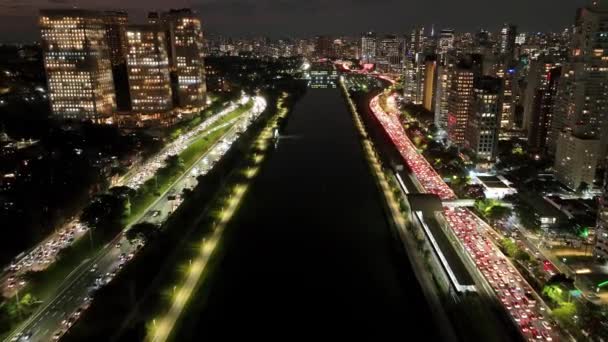 Дорожное Движение Ночь Город Сан Паулу Бразилия Мост Центре Дорога — стоковое видео