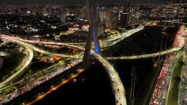 Ночной Мост Бразильском Городе Сан Паулу Мост Cityscape Дорога Шоссе — стоковое видео