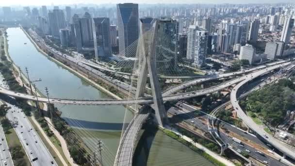 Cable Stayed Bridge Downtown Sao Paulo Brazil Cityscape Bridge Traffic — Stock Video