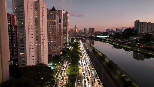 Traffico Autostradale Sunset City San Paolo Brasile Cityscape Bridge Strada — Video Stock
