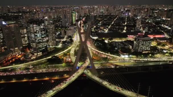 Кабельний Міст Нічному Місті Сан Паулу Бразилія Cityscape Bridge Дорожній — стокове відео