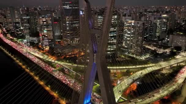 Kabel Stannade Bron Stadsnatten Sao Paulo Brasilien Centrala Bryggan Trafikvägen — Stockvideo