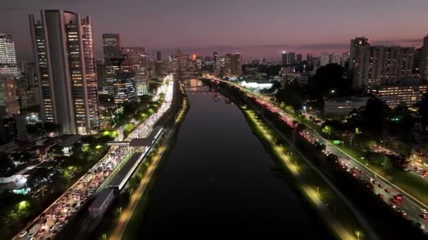 Vägtrafik Vid Sunset City Sao Paulo Brasilien Cityscape Bridge Trafikvägen — Stockvideo