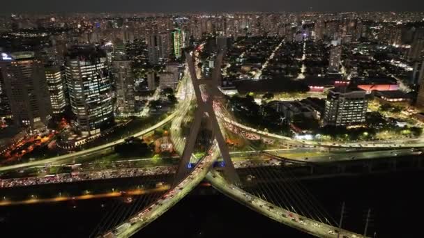 Kabel Bro Natten City Sao Paulo Brasilien Cityscape Bridge Trafikvägen — Stockvideo