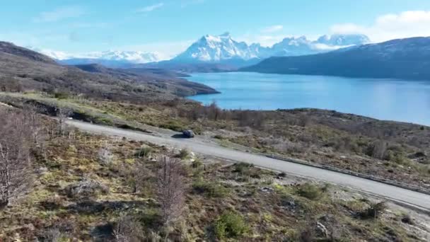Patagonien Road Torres Del Paine Punta Arenas Chile Snöiga Berg — Stockvideo