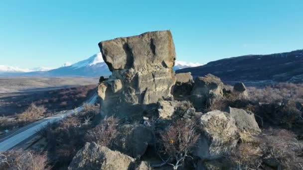 Şili Nin Magallanes Bölgesindeki Puerto Natales Teki Mylodon Anıtı Karlı — Stok video