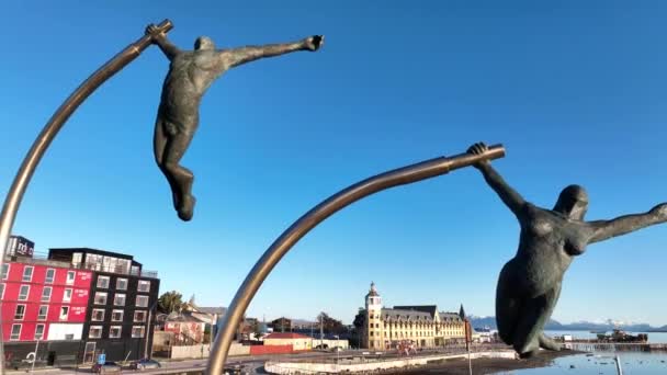 Antartika Şili Deki Porto Natale Rüzgarı Anıtı Heykel Manzarası Geçmişe — Stok video