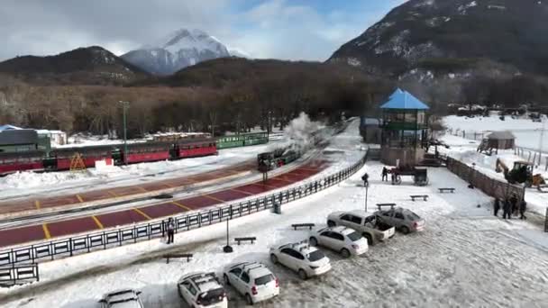Tåg Slutet Världen Ushuaia Tierra Del Fuego Argentina Vinterresor Tågstationen — Stockvideo