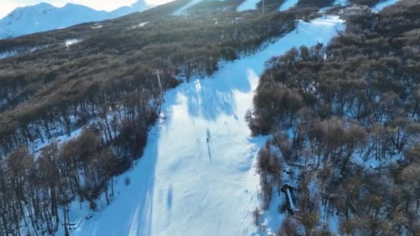 世界アルゼンチンの終わりにウシュアイアでスキーステーション スノーウィー山脈 スキーセンター 世界アルゼンチンの終わり 冬のトラベル 世界の終わりにウシュアイアでスキー場アルゼンチン — ストック動画