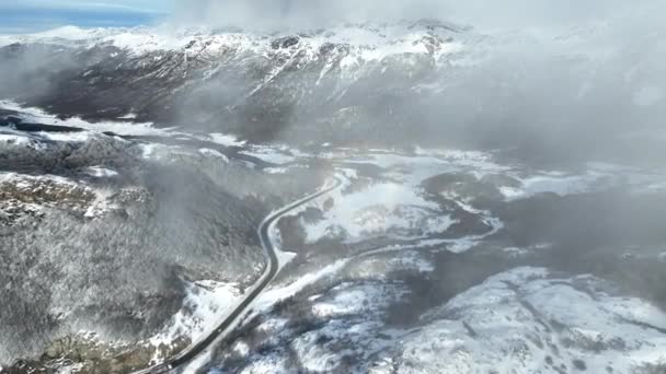 Patagonien Road Vid Ushuaia Slutet Världen Argentina Snöiga Berg Glacial — Stockvideo