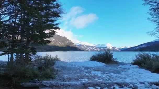 Nationalpark Vid Ushuaia Fin Del Mundo Argentina Snöiga Berg Naturlandskap — Stockvideo