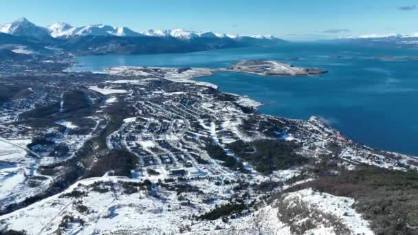 Pejzaż Miejski Ushuaia Fin Del Mundo Argentina Śnieżne Góry Krajobraz — Wideo stockowe