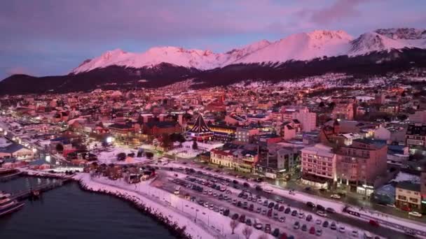 Sunrise Skyline Ushuaia Ban Patagóniában Argentínában Havas Táj Kültéri Légi — Stock videók