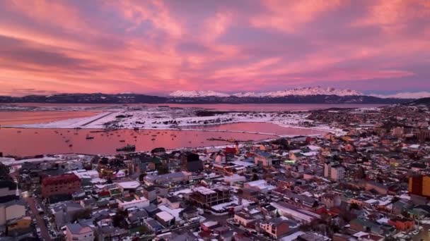 Patagonia Wschód Słońca Ushuaia Patagonia Argentyna Śnieżny Krajobraz Widok Lotu — Wideo stockowe