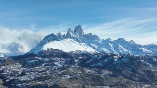 Snowy Scenery Chalten Patagonia Argentina Sněžná Krajina Venkovní Letecký Pohled — Stock video