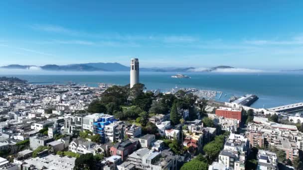 Kaliforniya San Francisco Daki Coit Kulesi Şehir Merkezindeki Skyline Ulaşım — Stok video