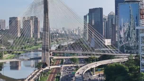 Kabel Bro Vid Sao Paulo Paulo Brasilien Cityscape Bridge Trafikvägen — Stockvideo