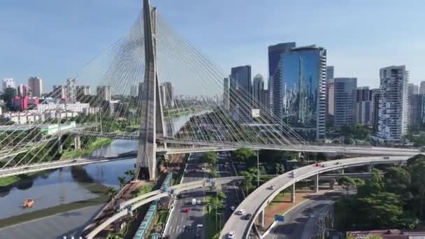 Kabel Bro Vid Sao Paulo Paulo Brasilien Cityscape Bridge Trafikvägen — Stockvideo