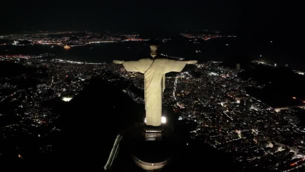 Христос Спаситель Ріо Жанейро Бразилія Гора Корковадо Освітлений Міський Пейзаж — стокове відео