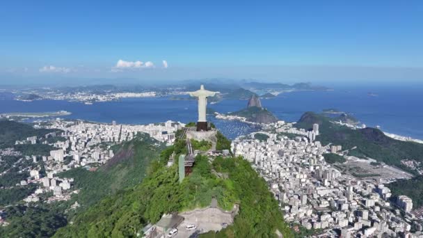 Cristo Redentor Rio Janeiro Brasil Montanha Corcovado Pão Açúcar Hill — Vídeo de Stock